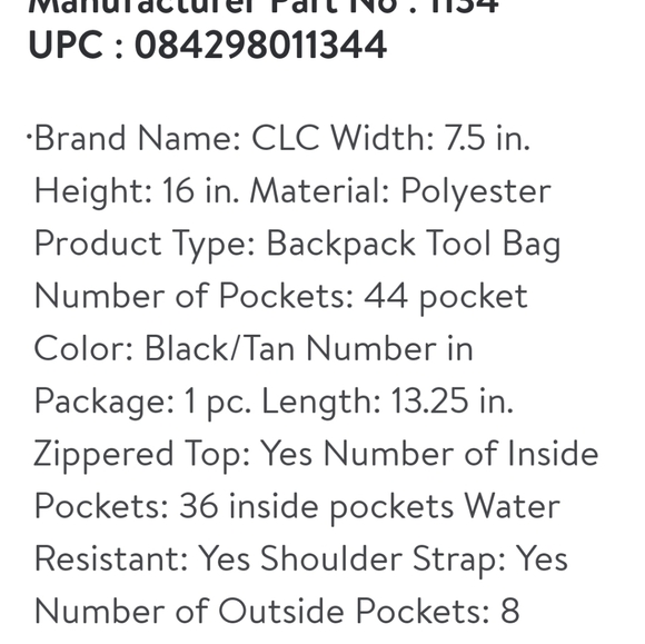 CLC Work Gear Backpack Tool bag 1134 - Picture 13 of 15
